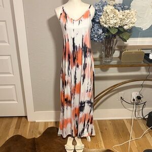 Vacation maxi sundress with Orange grey and white print